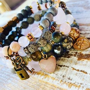 Boho Rose Quartz & Lava Stone Bracelet Stack